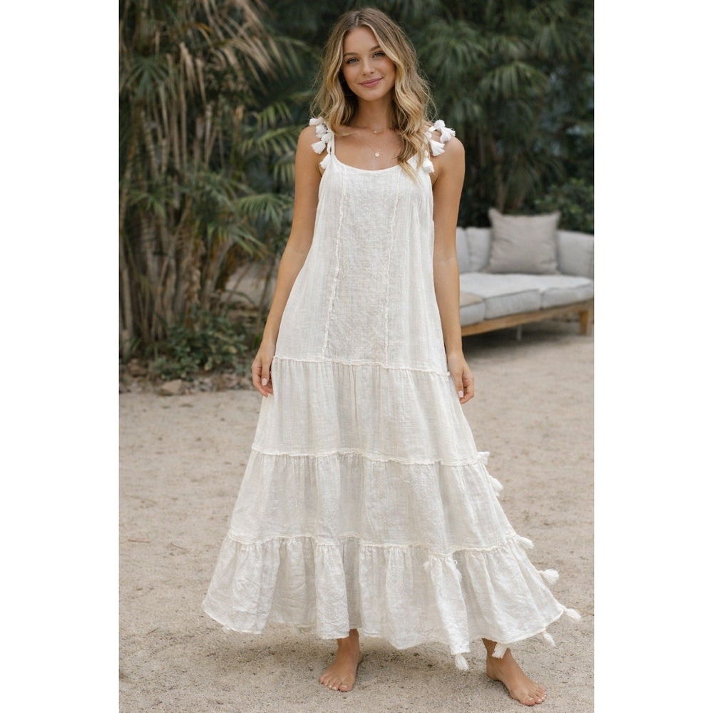 Z&L Made With‎ Love Med White Cotton gauze Tassel Maxi Dress Boho Peasant Indie